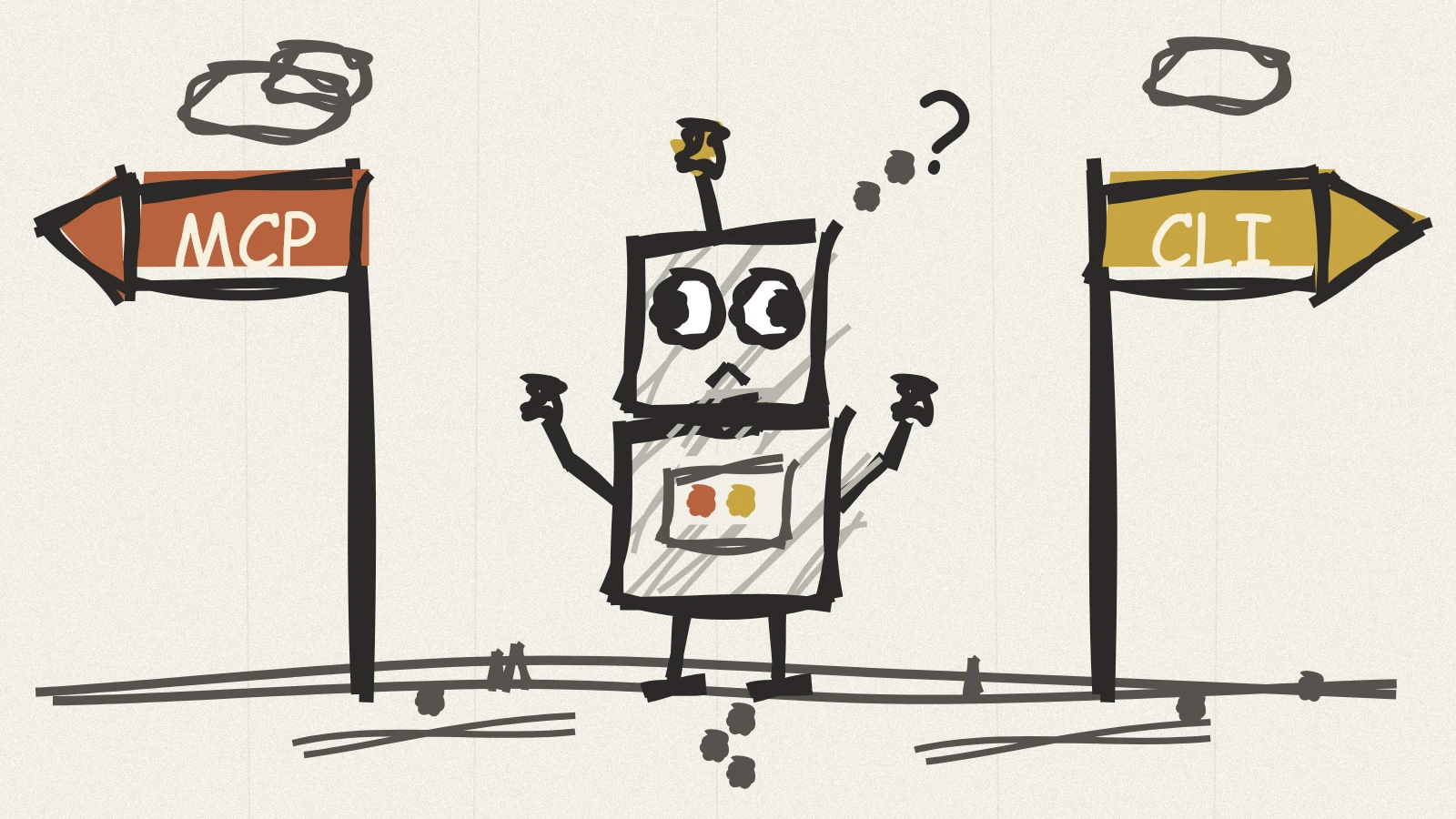 A robot standing between an MCP sign and a CLI sign